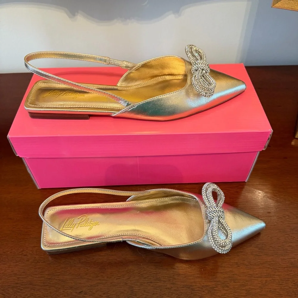 Lilly Pulitzer Brit Gold Rhinestone Bow Slingback Flats Size 9